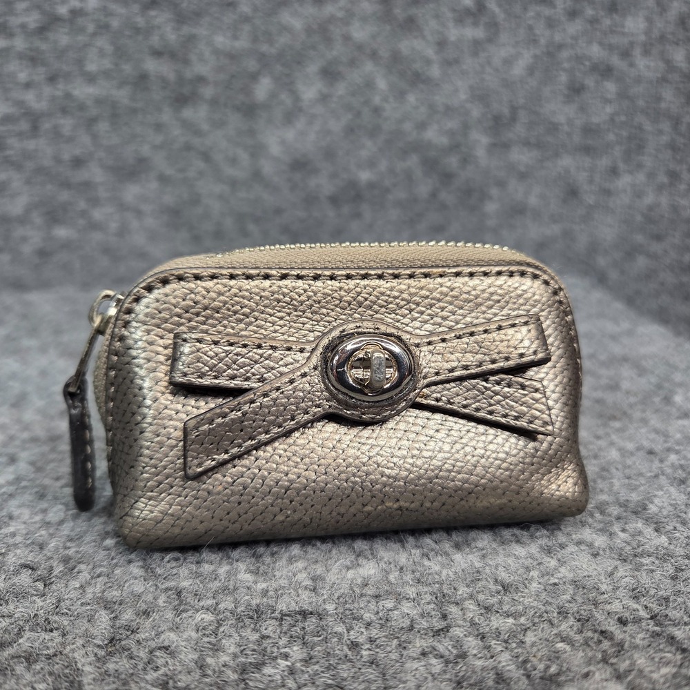 Coach Gun Metal/Silver Leather Bow Zip Wristlet Coin Purse Wallet RARE